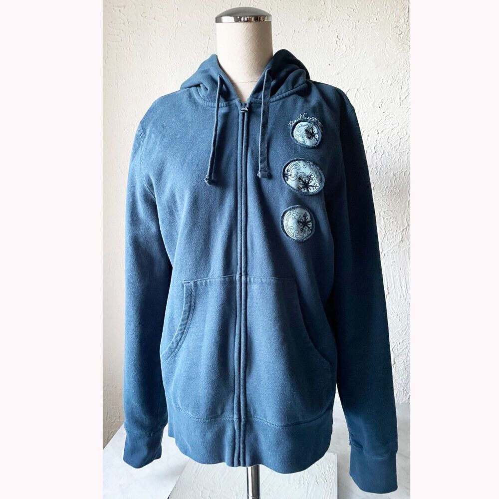 North Face Blue Hoodie Sweatshirt Women's XL Zip Front Snowflake Patches
